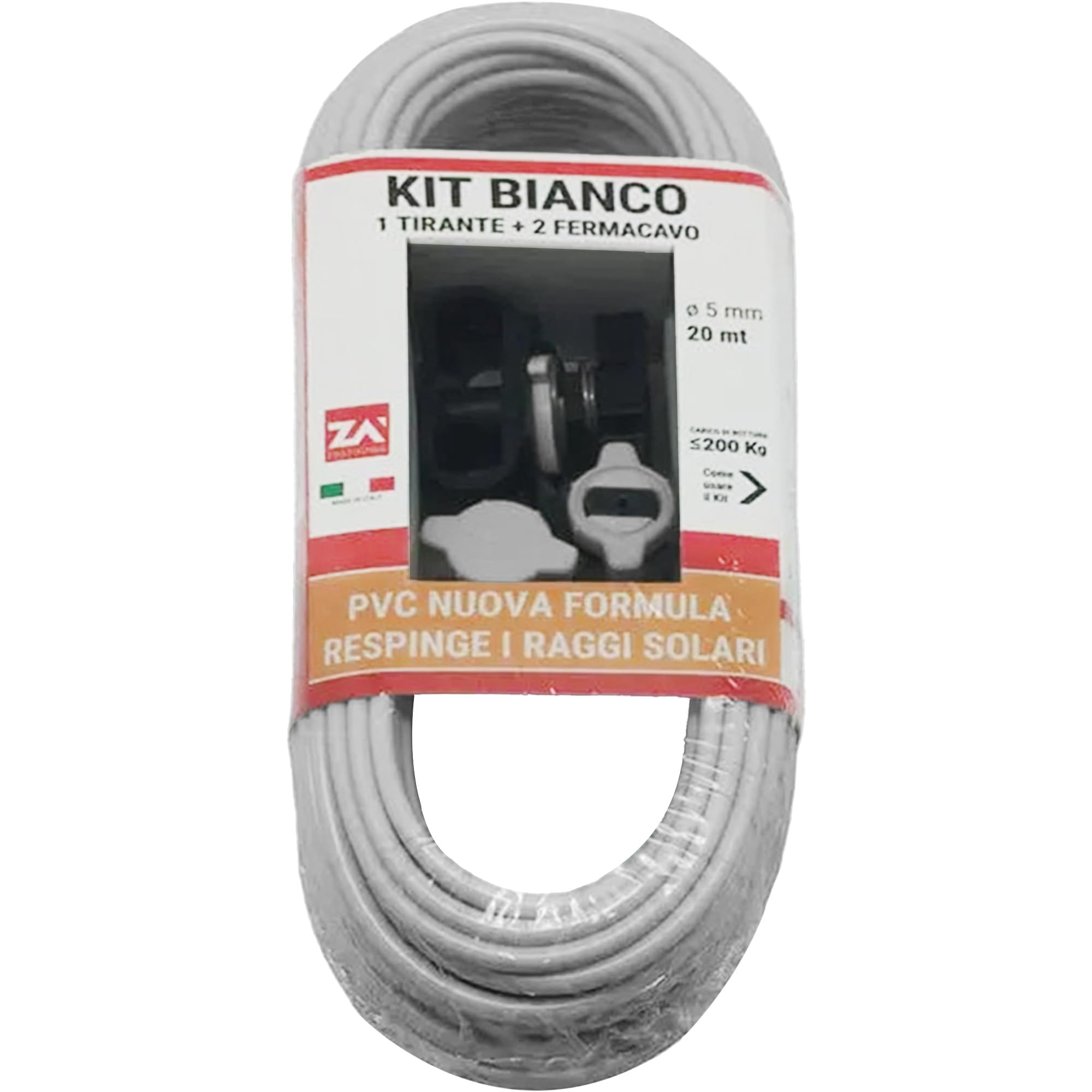 Sicignano | Cable blanco para tendedero, 20 m, Ø 5 mm, para exteriores, carga hasta 200 kg, fabricado en Italia, maleable, reciclable, fácil de cortar, cable tendedero (blanco con kit)