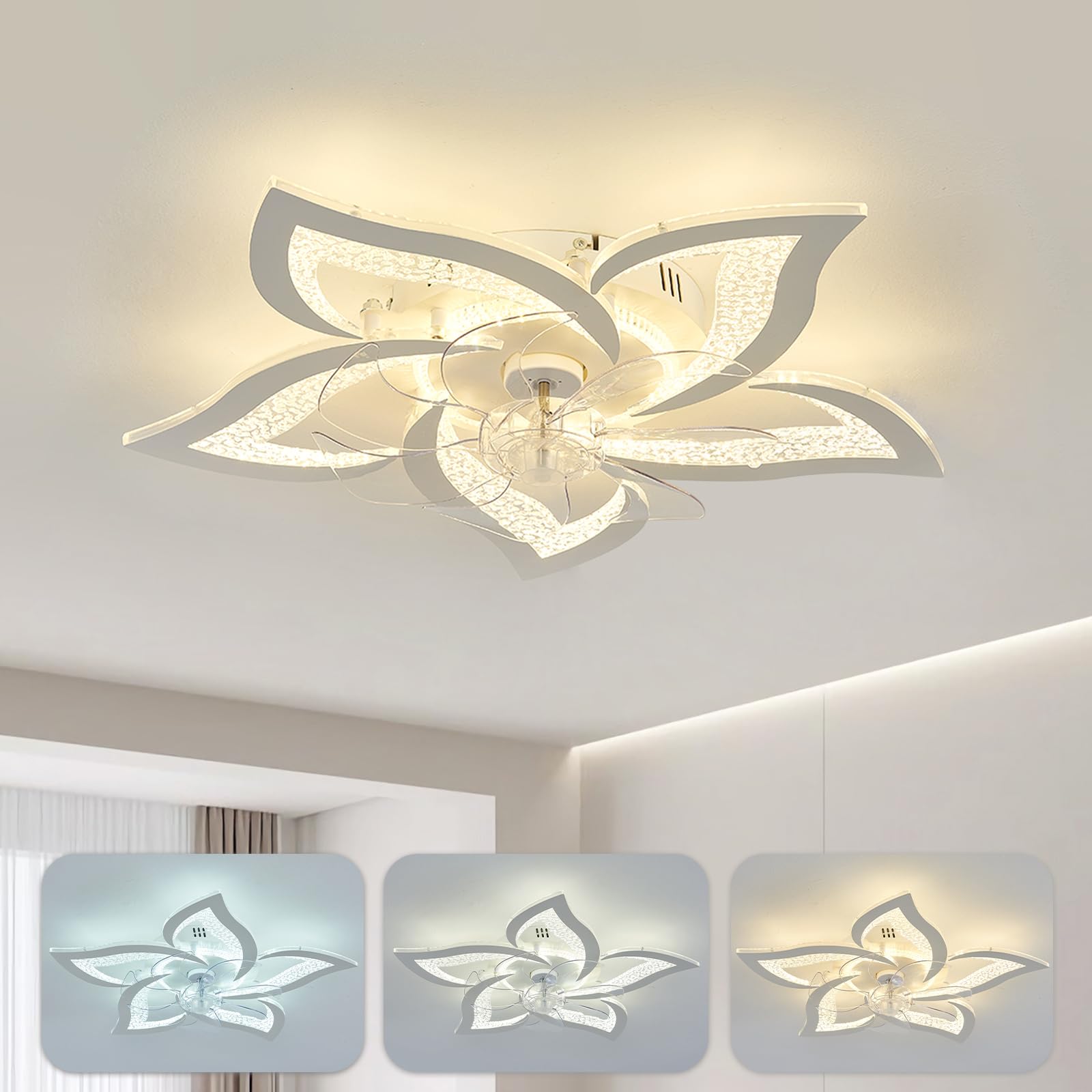 Ventilateur de plafond avec lampe LED dimmable et télécommande blanche