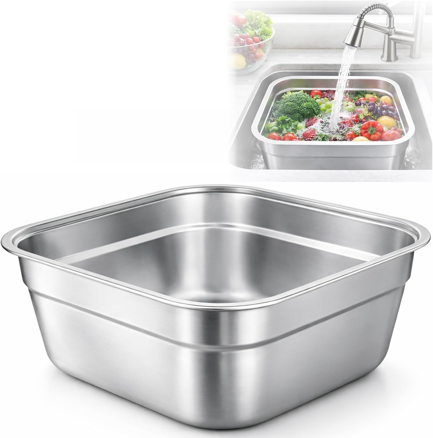 Stainless Steel Washing Up Bowl, Large Square Dish Tub for Kitchen Sink, 12.9 in Width Vegetable Washing Basin with Smooth Rim, Stable Flat Bottom Container for Home Cleaning