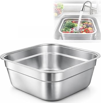Stainless Steel Washing Up Bowl, Large Square Dish Tub for Kitchen Sink, 12.9 in Width Vegetable Washing Basin with Smooth Rim, Stable Flat Bottom Container for Home Cleaning