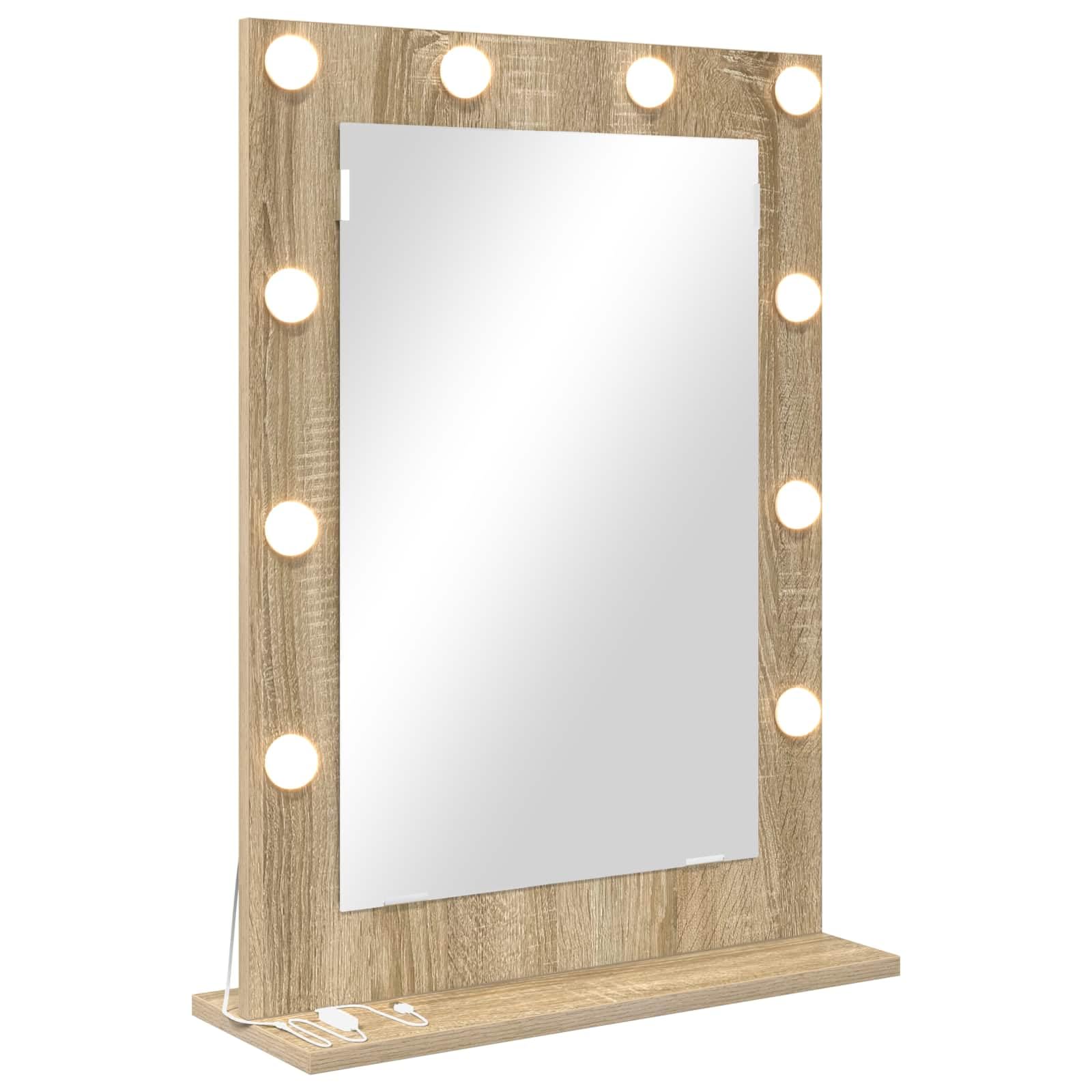 KGHFDVB LED Vanity Mirror Rectangular 70x50x18 cm Sonoma Oak with Integrated Warm White Lights, Plane Glass Surface, Engineered Wood Frame, USB Powered for Bedroom Grooming