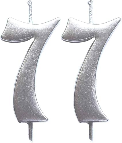 MAGJUCHE Vela plateada con número 77 de cumpleaños, decoración de pastel número 77, decoración de fiesta para mujeres u hombres