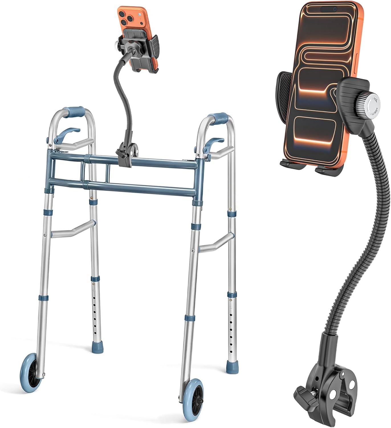Walker Phone Holder [Super Durable] Long Gooseneck Phone Mount Clamp for Rollator Walker, Rolling Walker, Lightweight Walkers, Walkers for Seniors, Fit for 4~7" iPhone 17 16, All Smartphone
