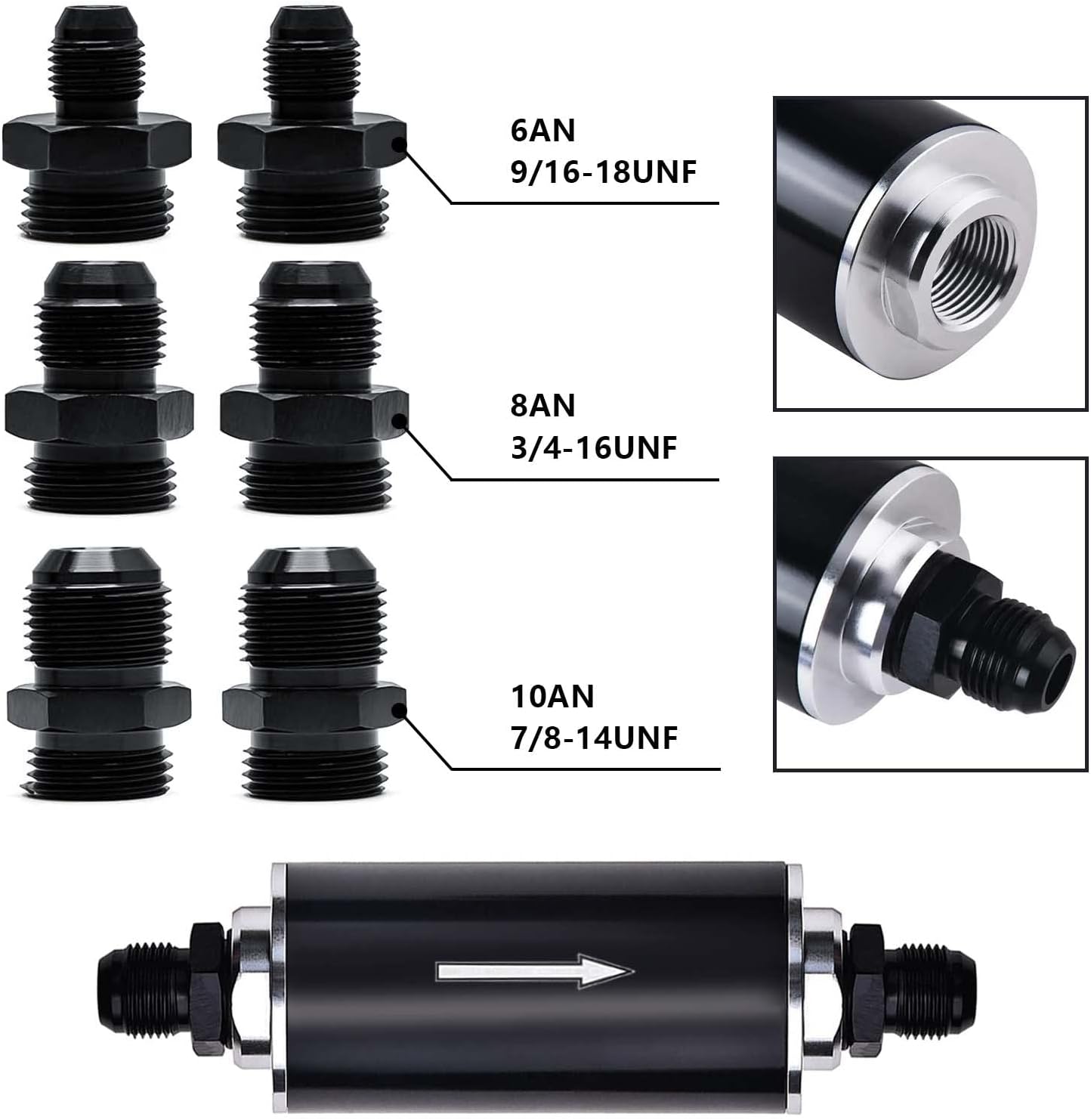 58mm 30 Micron Inline Fuel Filter 6AN 8AN 10AN Aluminum Fuel/Gas/Petrol Filter Adapter Fittings & Fuel Filter Mounting Bracket Universal Cleanable Black