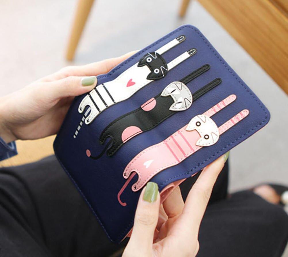Diyafas Short Zipper Fashion Purse Women's Two Fold Leather Wallet Cartoon Cat Coin Case, Dark Blue - Image 5