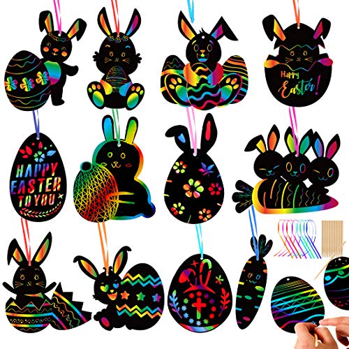 Wishstar Scratch Art de Pâques,Dessin à Gratter Lapin 36 Pcs,Pâques Décoration à Suspendre, pour Enfants Loisirs Créatifs de Pâques