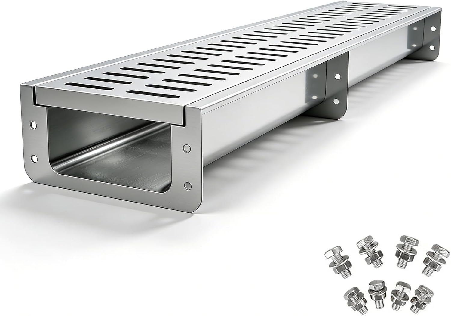 Driveway 304 Stainless Steel Channel Drain with Steel Grate – 39.4x5.9x5.9in, Heavy Duty Trench Drain System, U-Shaped Drainage for Garage, Parking Lot, Pool Deck