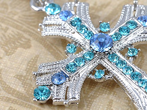 Image of Alilang Silvery Tone Religious Cross Pendant Necklace w /Aquamarine Blue Or Clear Crystal Rhinestones