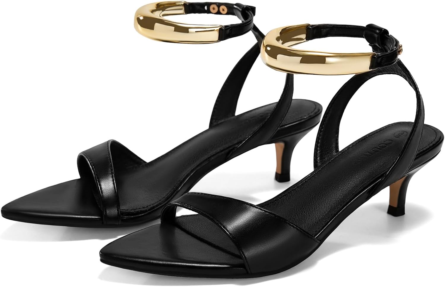 Coutgo Womens Low Kitten Heels Sandals Strappy Pointed Open Toe One Strap Metal Summer Dress Shoes