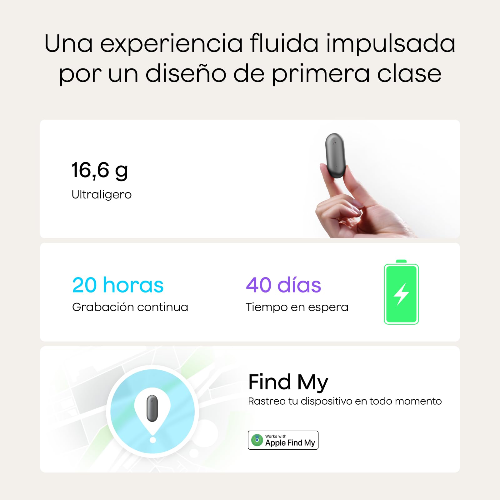 Plaud NotePin Grabadora de Voz con IA, Control por App para Tomar Notas, transcripción y Resumen con IA, soporta 112 Idiomas, 64 GB, para conferencias, reuniones, Teams, Gris Cósmico