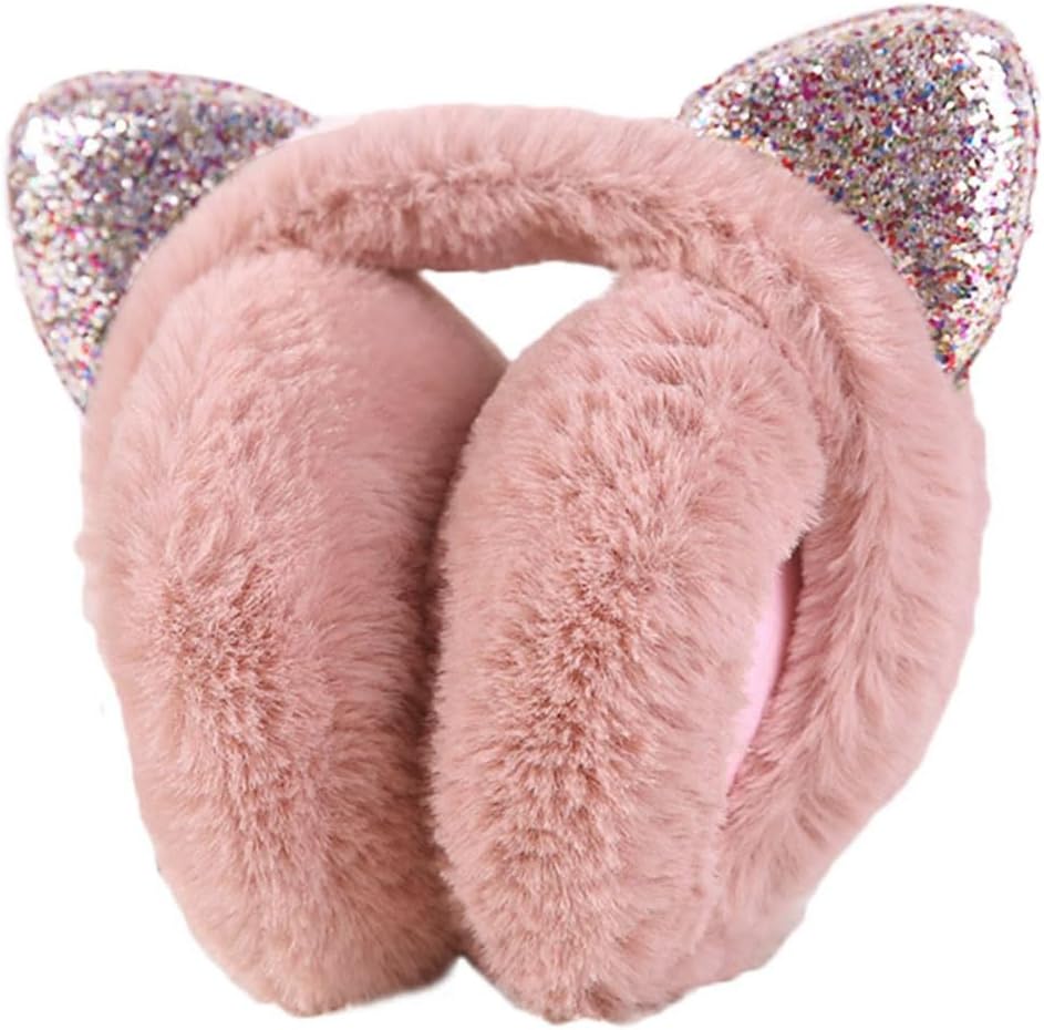 HOMSFOU Foldable Sequin Cat Ear Earmuffs Winter Warmer Plush Ear Cover Protective Muff for Women Cold Weather Outdoor Use