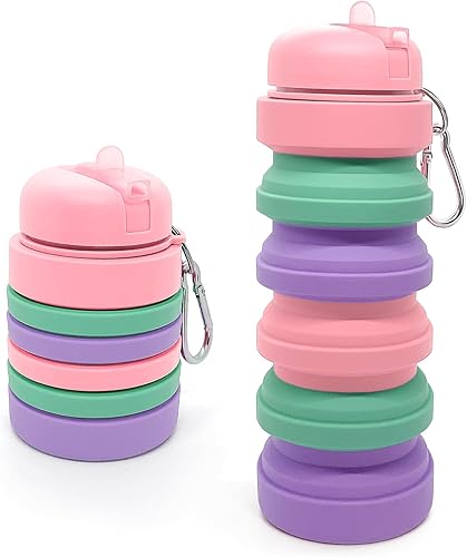 Wikineon Botella de agua plegable de 20 onzas, botella de agua deportiva portátil de silicona, reutilizable, a prueba de fugas, botellas de agua