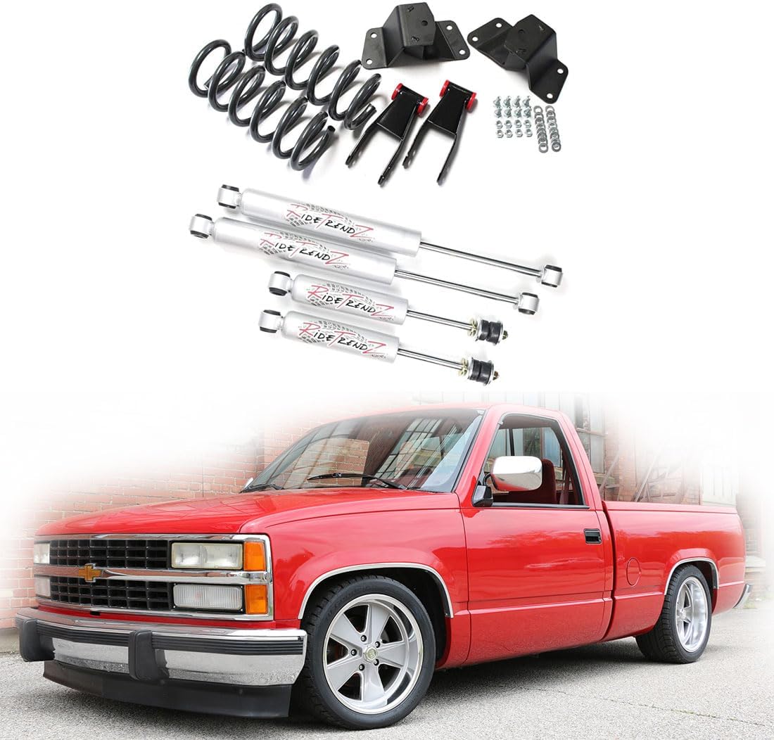 RTZ - Compatible with Chevrolet GMC Silverado Sierra 1500 Pickup Lowering Kit 2" Front Lowering Drop Coil Springs + 4" Rear Hanger & Shackle Kit + RTZ Primo NIitrogen Gas Charged Shocks 2WD V6 Motor