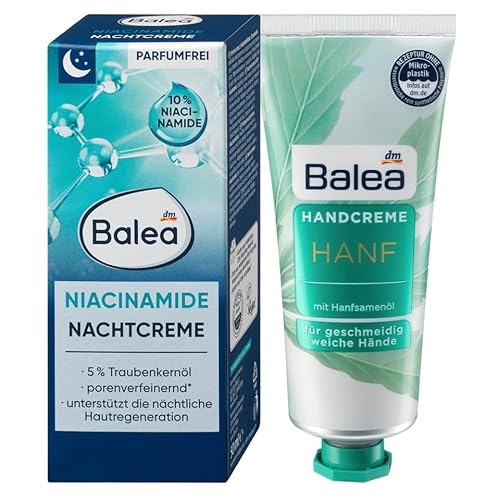 Balea 2er-Set Hautpflege: NACHTCREME NIACINAMIDE unterstützt die nächtliche Hautregeneration & Feuchtigkeitsversorgung mit 5% Traubenkernöl (50 ml) + Handcreme HANF mit Hanfsamenöl (75 ml), 125 ml