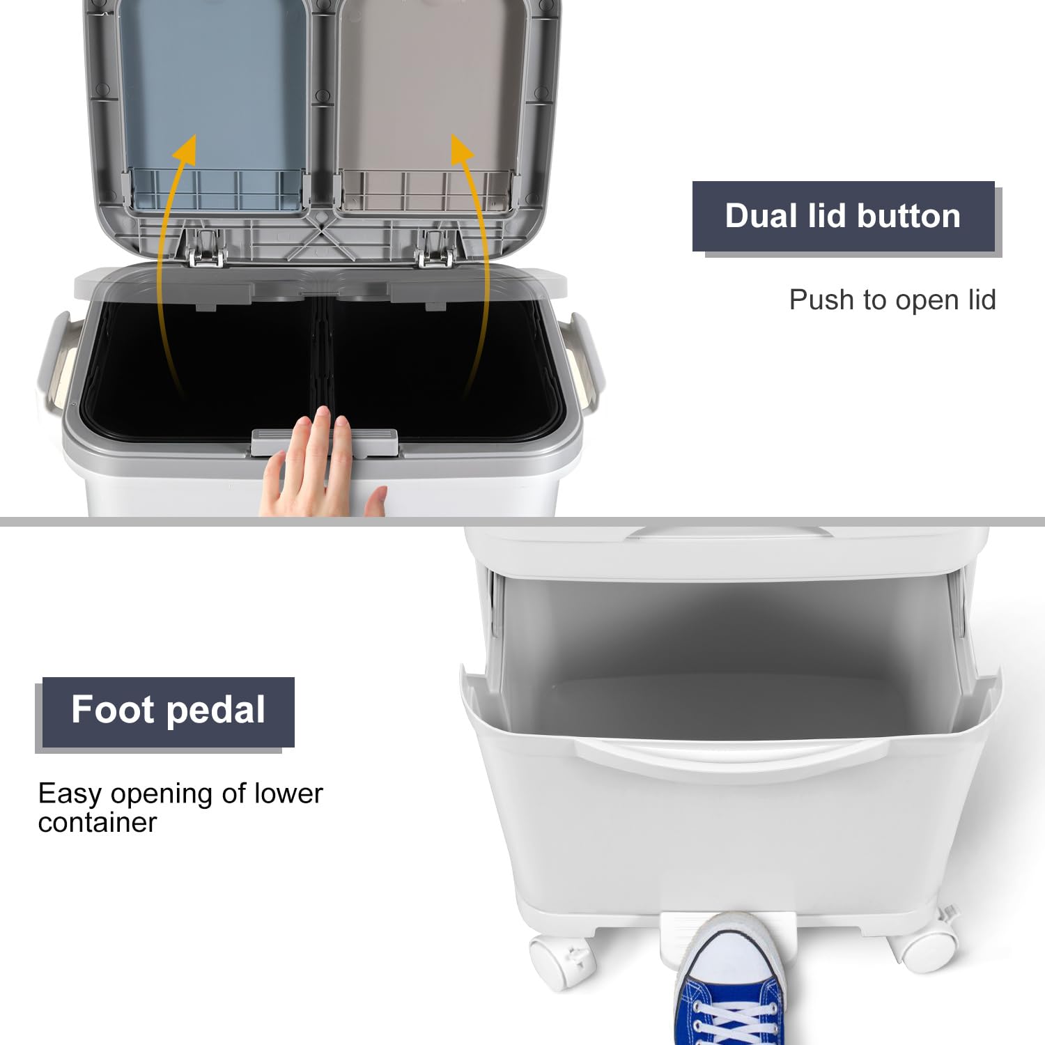 Pattumiera Cucina 42L,2 Scomparti,Raccolta Differenziata con Pedale | Pattumiera con coperchio e apertura a pulsante,raccolta differenziata con pedale,secchi rimovibili e ruote