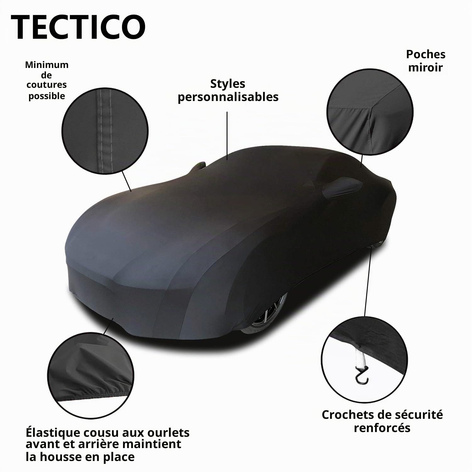 TECTICO Housse Voiture Universel Intérieur Bâche Voiture Respirante Élastique Stretch Souple Complète Protection pour Garage Indoor Auto Show, Noir