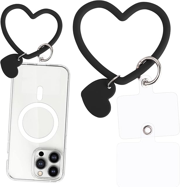 TIESOME Heart Loop Phone Lanyard, Smart Phone Hand Wrist Lanyard Strap with Key Chain Holder Compatible with Most Smartphones for Cell Phone Case Keys ID Badges with 2packs Back Patch(Black)