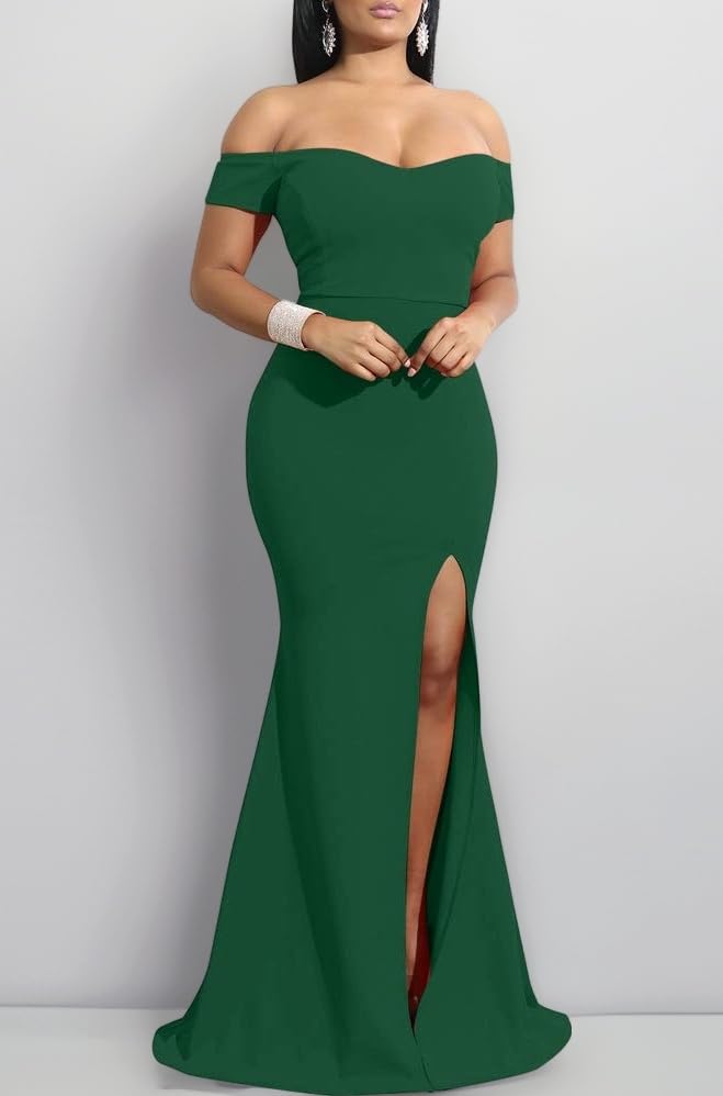 Women's Off Shoulder High Split Long Formal Party Dress Evening Gown