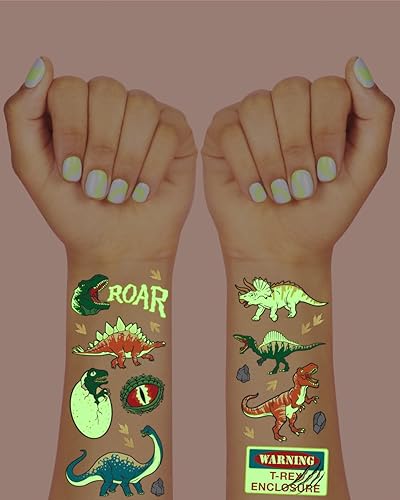Miniatura 3 de xo, Fetti Tatuajes temporales de dinosaurio para niños, 44 piezas que brillan en la oscuridad, suministros para fiestas de cumpleaños, recuerdos de