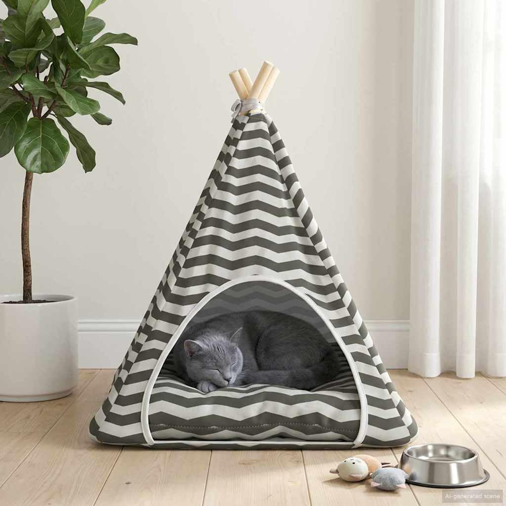 Tente tipi pour chat, blanc/gris, 60 x 60 x 70 cm, avec coussin, en polyester respirant, pour chiens et chats, motif rayé moderne, pour l'intérieur et l'extérieur