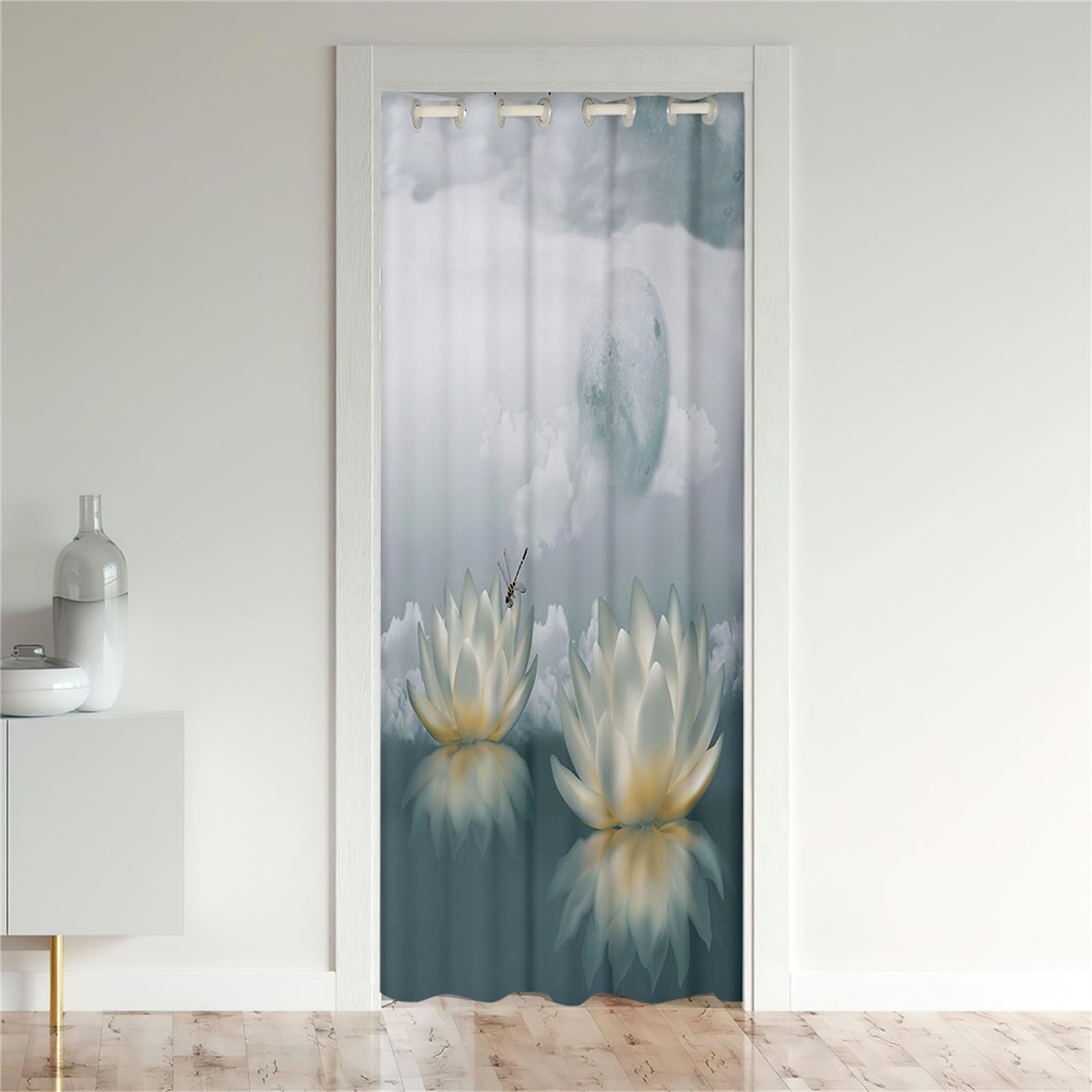 Odot Cortina Opaca Puerta Interior, Patrón Flor de Loto 3D Cortina Divisoria de Ambientes con Ojales Cortina de Privacidad Dormitorio Cortinas Opacas (180x200cm,Flor de Loto Blanca)