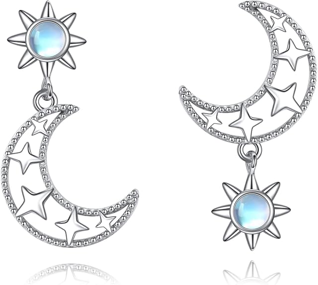 Sun and Moon /Flower /Star Earrings 925 Sterling Silver Moonstone Dangle Drop Earrings Huggie Earrings Jewelry Gifts for Women Girls