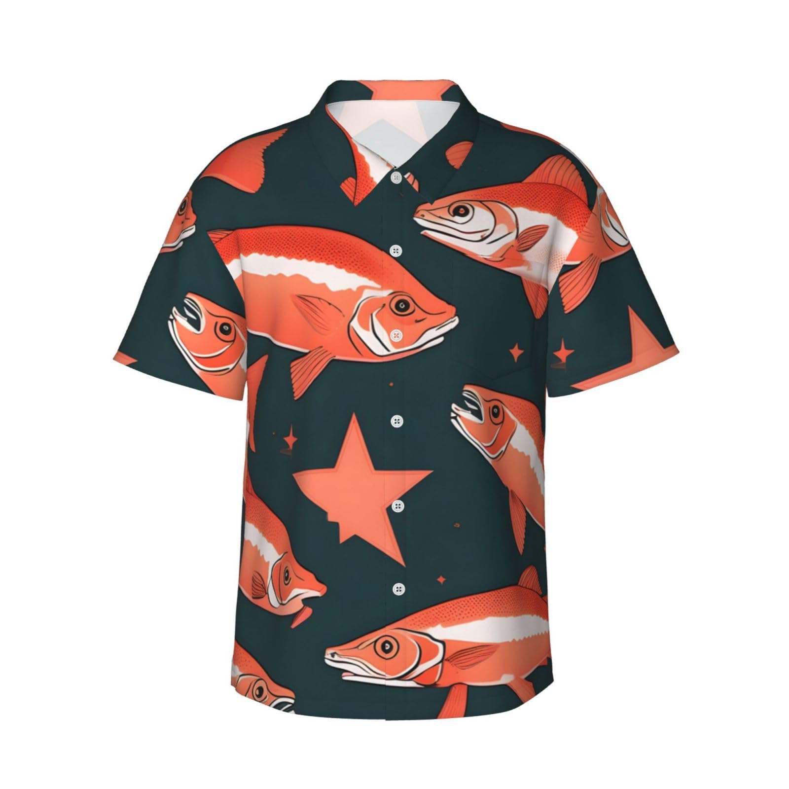Yyoretp Men's Hawaiian Salmon Print Casual Short Sleeved Shirt for Men Button Down Holiday Beach Shirt Black