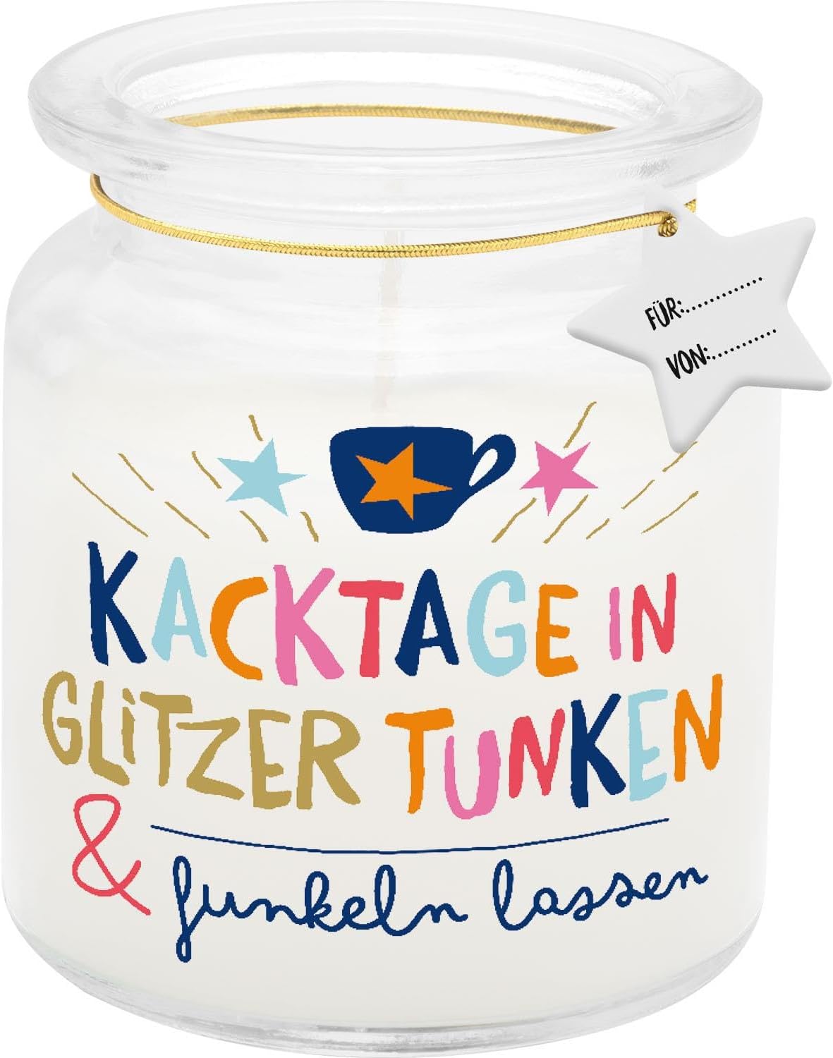 H: PPY life Candle in Glass with Motif Sparkle, Scented Candle, Vanilla, Height 9 cm, Diameter 7.5 cm, Glass with Motif Print, Funny Gift, Gift for her, 74442