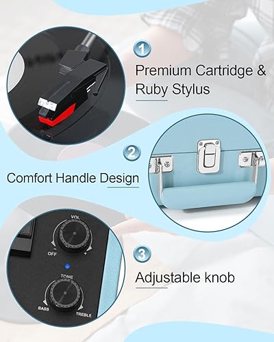 Miniatura 4 de Tocadiscos de maleta Bluetooth con altavoces integrados, control de graves y agudos, tocadiscos de 3 velocidades con parada automática, salida RCA y