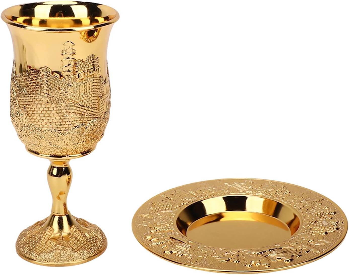 Cup Set,Kiddush Cup Vintage European Style Stemmed Wine with Plate for Wedding Holiday Festival Celebration (Golden Color)
