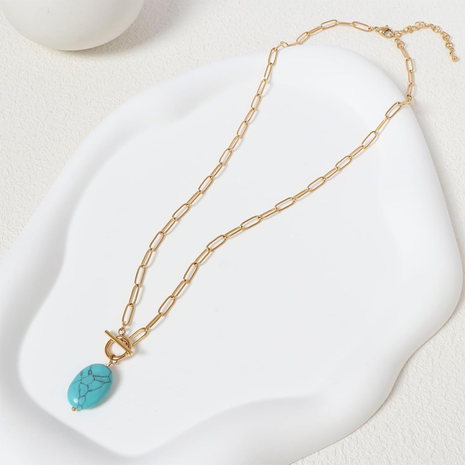 Pearl Gemstone Pendant Paperclip Toggle Necklace 18k Gold Plated Natural Pearl Stone Birthstone Chain Necklace Paperclip Jewelry Gift for Women