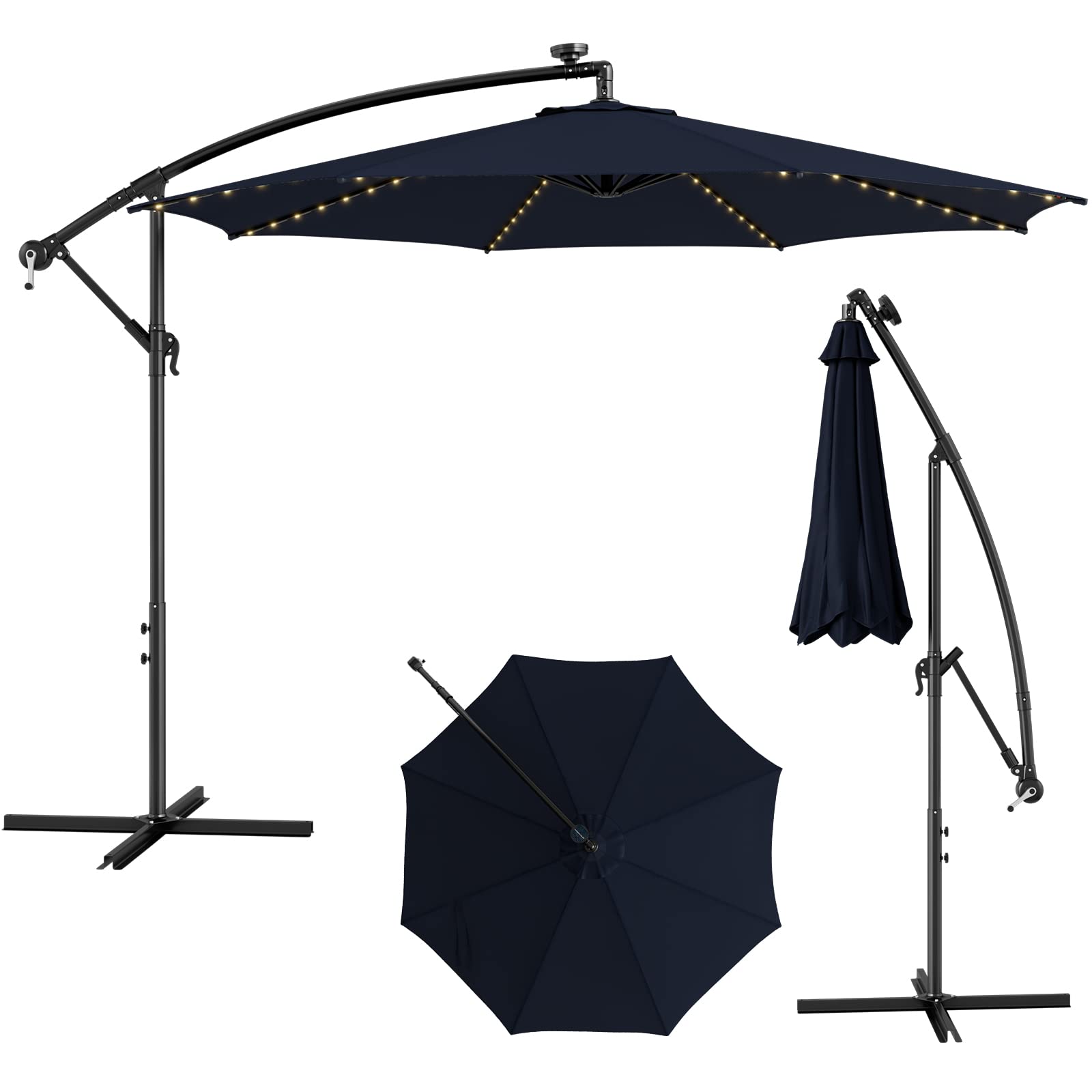COSTWAY Sombrilla Terraza Exterior Ø300 cm con Solar LED 112 Luces, Sombrilla Jardin Inclinable con Soporte, Parasol Excéntrico con Manivela, 8 Costillas, Protección UV, Piscina Terraza Playa Jardin