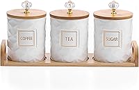 JUXYES 3-Piece White Ceramic Canister Set with Bamboo Lids & Handle Tray for Coffee Sugar Tea - Stylish Kitchen Storage Jars