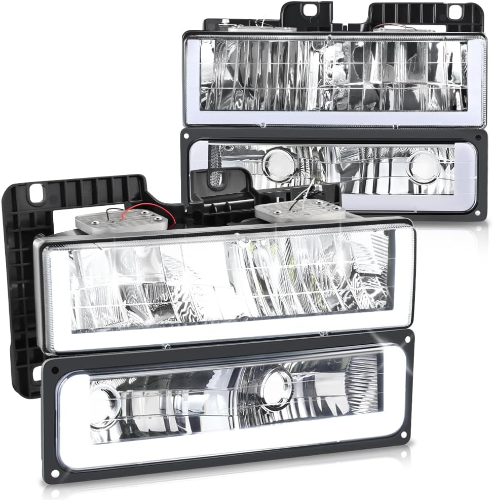 DNA MOTORING U Style LED DRL Headlight+Signal Lamps Set Compatible with 92-99 Chevy GMC C/K 1500 2500 Suburban Yukon,Black,HL-LB3-4P-C10-BK