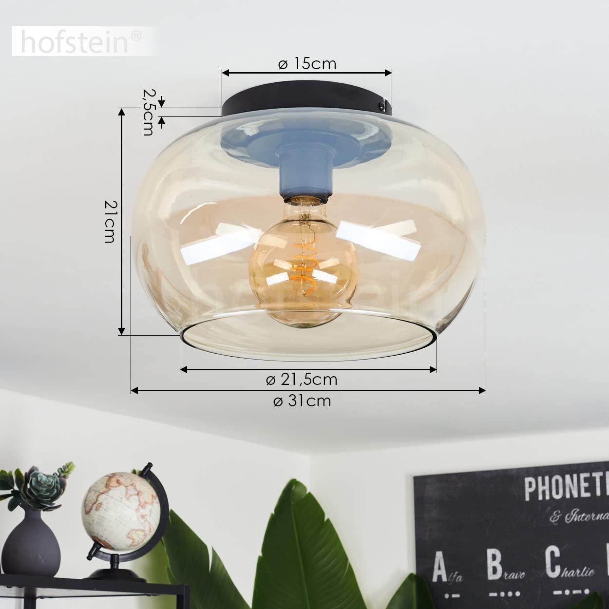 Lampada da soffitto Molloy, lampada da soffitto moderna in metallo/vetro in nero/ambra, lampada a 1 luce dal design retrò/vintage con paralume in vetro (Ø 31 cm), 1 x E27, senza lampadina/e