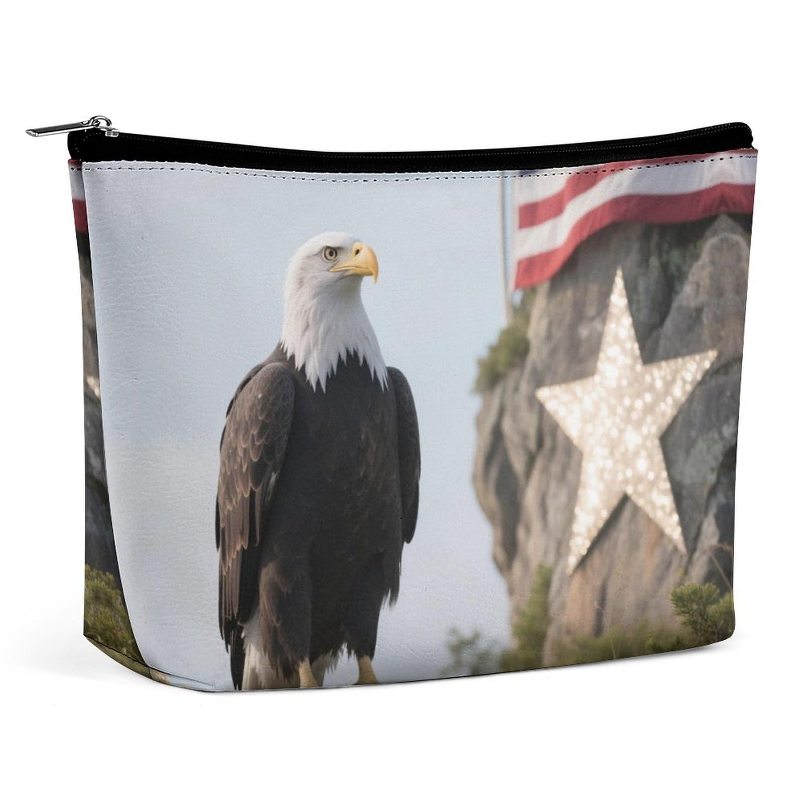 Travel Makeup Bag American Flag Bald Eagle Make Up Bag for Women Large Capacity Cosmetic Bags Waterproof Portable Make Up Pouch Open Flat Toiletry Bags Cosmetic Organizer