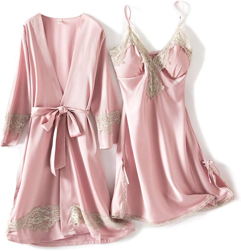 Silky Nightgown Set Women 2PC Sleepshirt V-Neck Lace Pajamas Sleepwear Robe Bathrobe Gown Home Clothe
