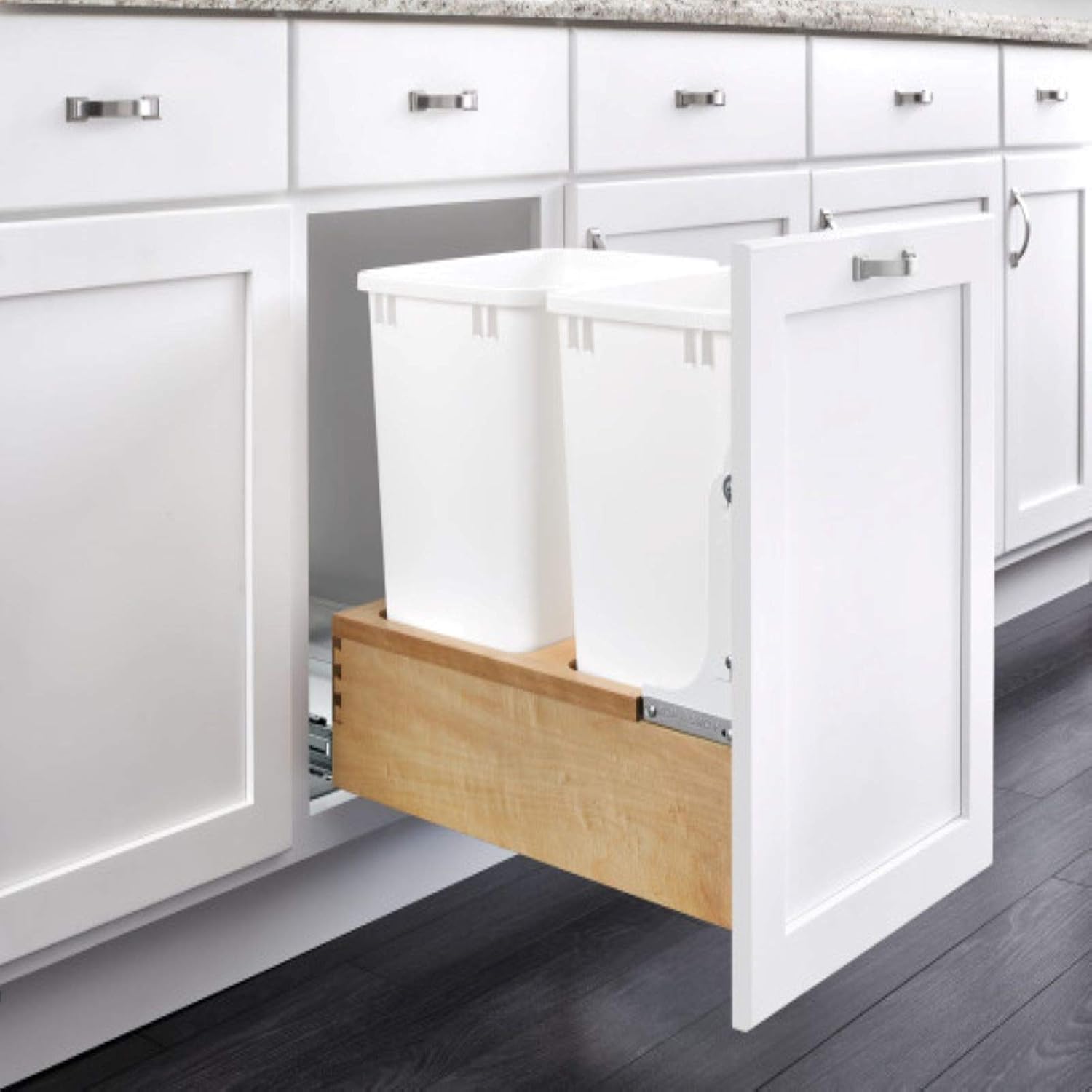 Rev-A-Shelf 4WC-18DM2 Double 35-Quart Maple Bottom Mount Pull Out Trash Can Waste Container System with Wood Frame, 2 Containers and Mounting Hardware