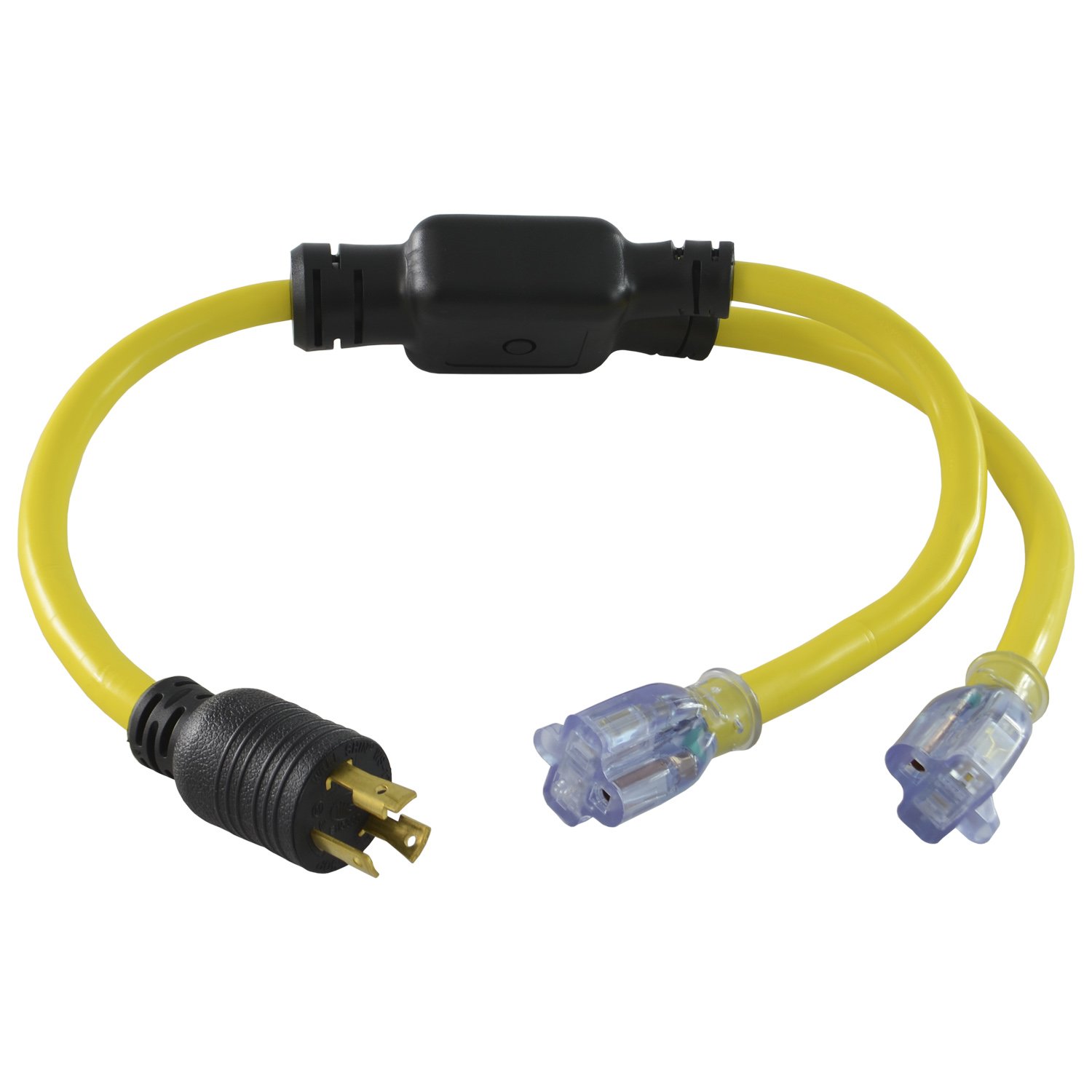 30-Amp 125-volt L5-30P Generator Y-Adapter Male Plug to U.S. 15/20-Amp Female Connectors by Conntek – 9"L x 6"W x 6"H, Yellow, Model YL530520S