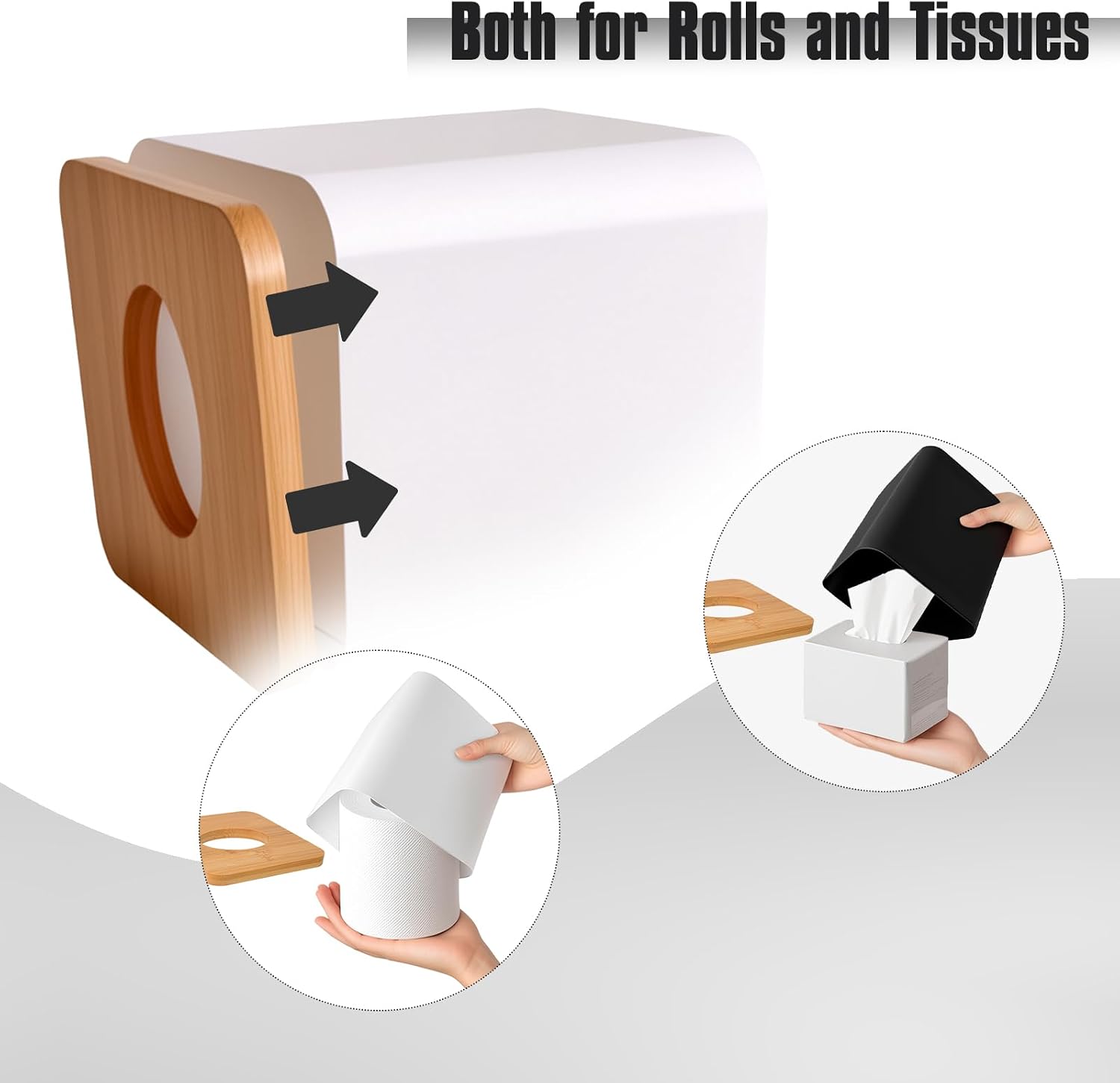 RETON 2 Pack Square Tissue Box Cover with Bamboo Top Plate (Black+White)