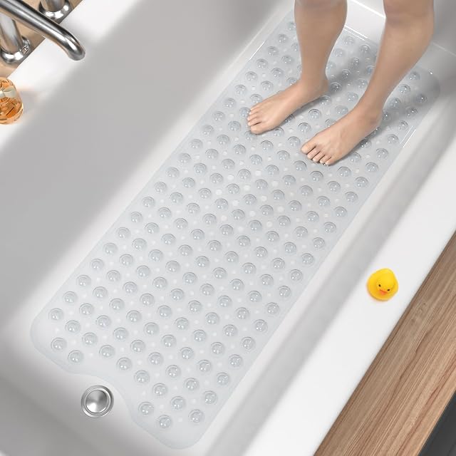 HITSLAM Tapis de bain pour baignoire, Tapis de baignoire antidérapant 101x40cm Tapis de baignoire extra longue, tapis de douche lavable en machine avec des ventouses et des trous d'écoulement, doux sur les pieds, clair