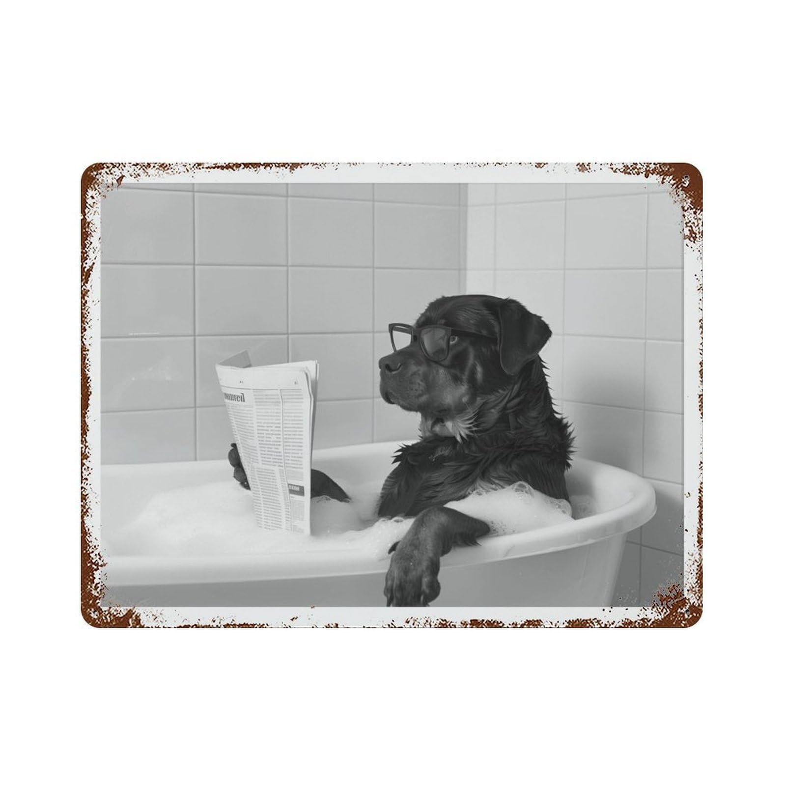 xiaoxiaoshen Rottweiler Reading Newspaper in Bathtub_Dog Reading Newspaper Wall Decor Art Metal Tin Poster Modern Home Decor Art Home Bar Shop Decorations Vintage Sign 30x40cm