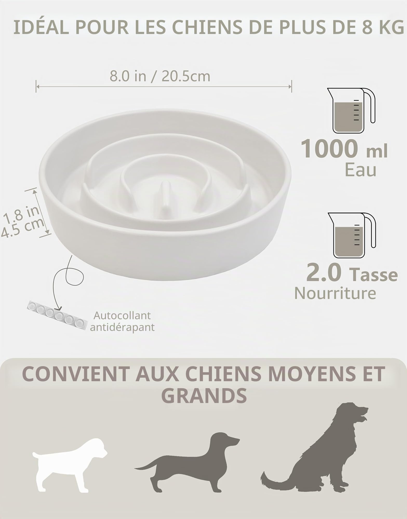Gamelle Anti-Gloutonie pour Chiens de Moyenne et Grande, Bols Surélevés en Céramique pour Slow-Feeder, Antidérapante Gamelle pour Chiens, Ø 21cm, 1000ml, Blanc Ivoire1