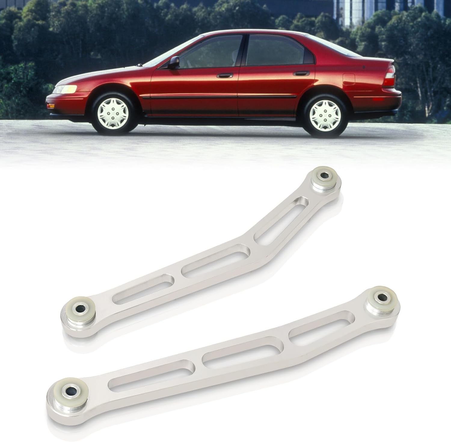 AJP Distributors JDM Rear Lower Suspension T6061 Aluminum Control Arms Rod Bar Kit LCA Brace Solid Polyurethane Bushing Set Chrome Compatible/Replacement For Accord CD6 1994 1995 1996 1997 94 95 96 97