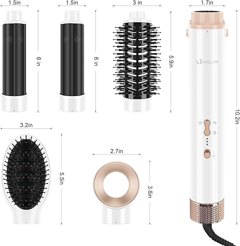 Miniatura 8 de IG INGLAM MegaAIR Styler, cepillo secador de pelo profesional 5 en 1, 110,000 rpm, sin escobillas, motor BLDC iónico, volumen y forma, color blanco