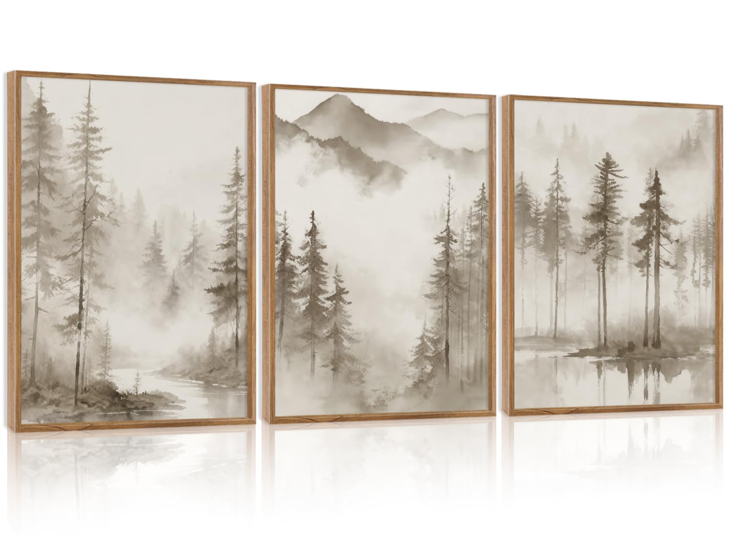 KAIRNE Misty Mountain Forest Ink Wash Framed Canvas Wall Art 12x16inch x3