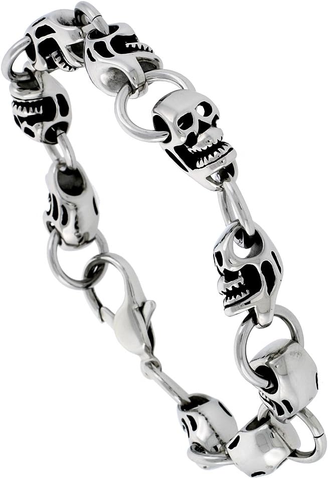 Sabrina Silver Stainless Steel Skull Bracelet for Men, 9 inch Long
