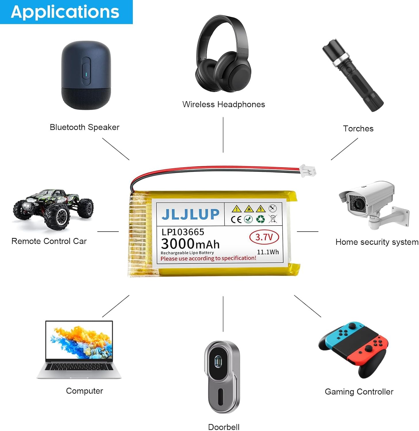 4pcs 3.7V 3000mAh Lithium Polymer Rechargeable Battery 1S 1C LiPo Battery with JST1.25mm Connector Integrated Protection Circuit for Arduino ESP32 Development Board for Speaker Wireless Device