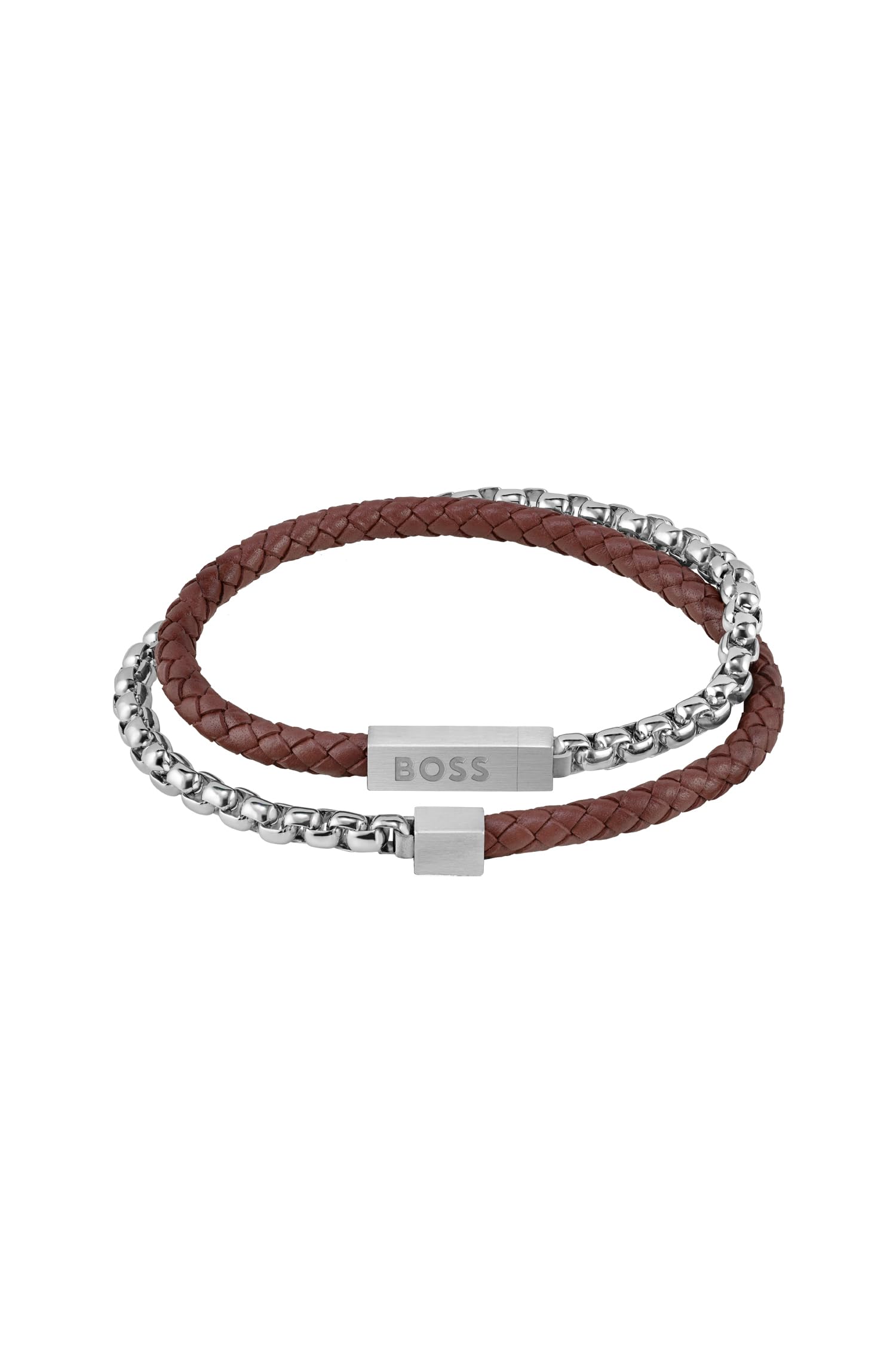 BOSS Biżuteria męska BLENDED Collection Skórzana i stalowa bransoletka brązowa dostępna w dwóch rozmiarach, Small, Skóra, Bez kamieni szlachetnych