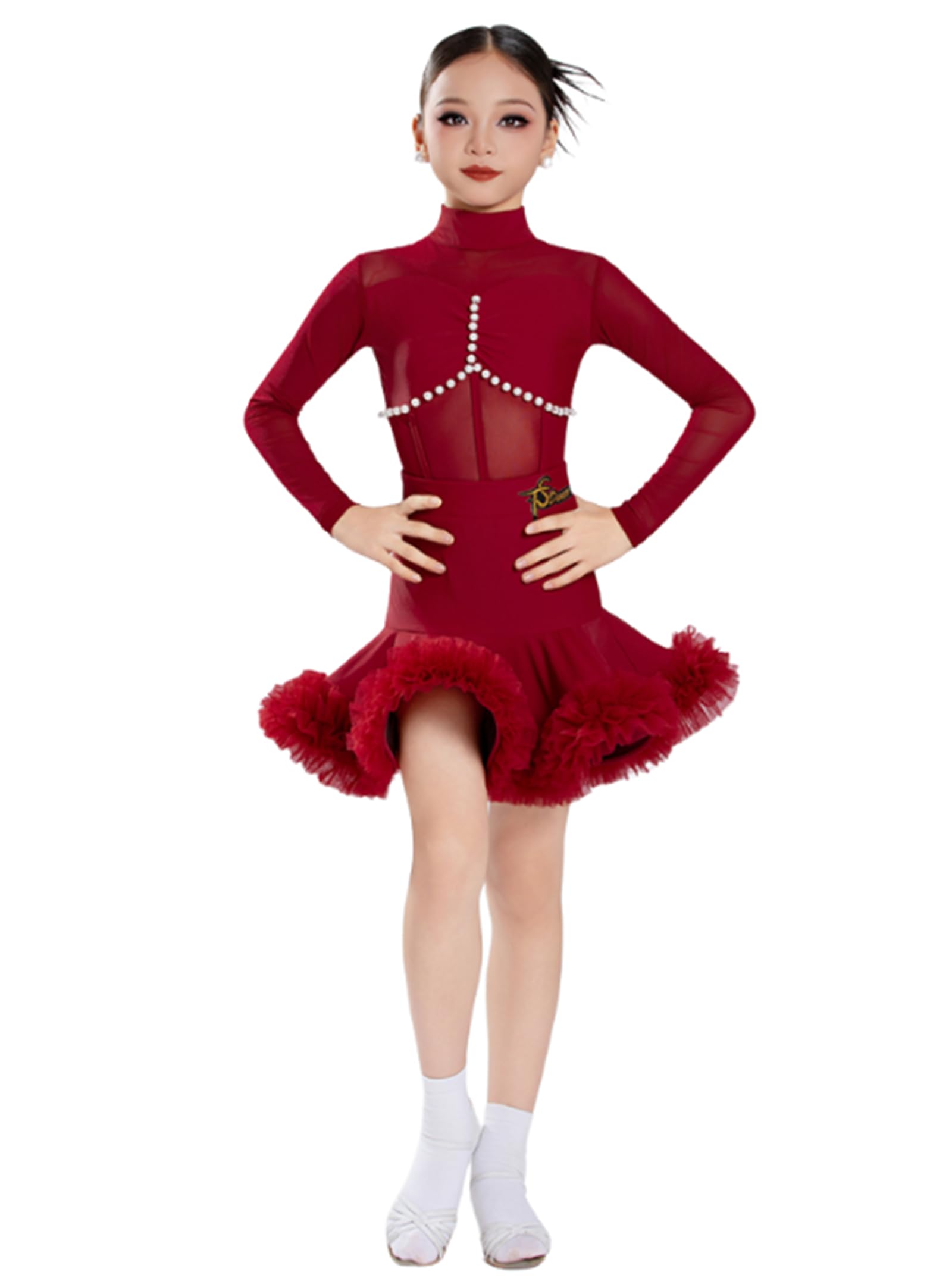 Robe de danse latine fille 120cm avec haut col montant et jupe noire